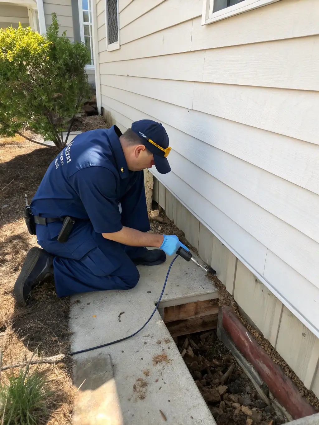 A high-resolution image depicting a foundation being inspected for termite damage, showcasing the detailed work of a HomeRepairPro technician.