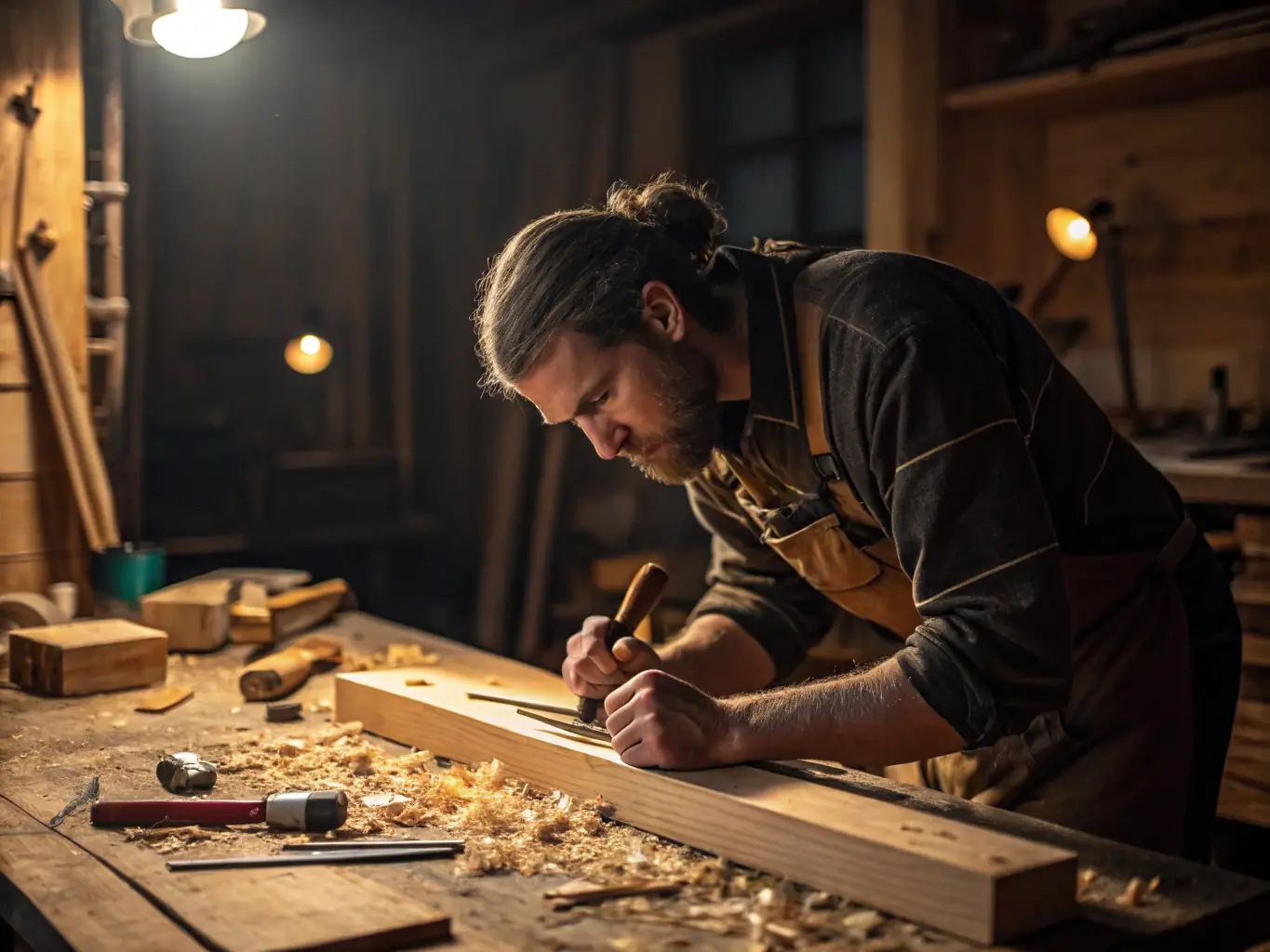 A detailed shot of a carpenter meticulously repairing a wooden frame, showcasing the precision and care taken in the process. The image should convey expertise and attention to detail.